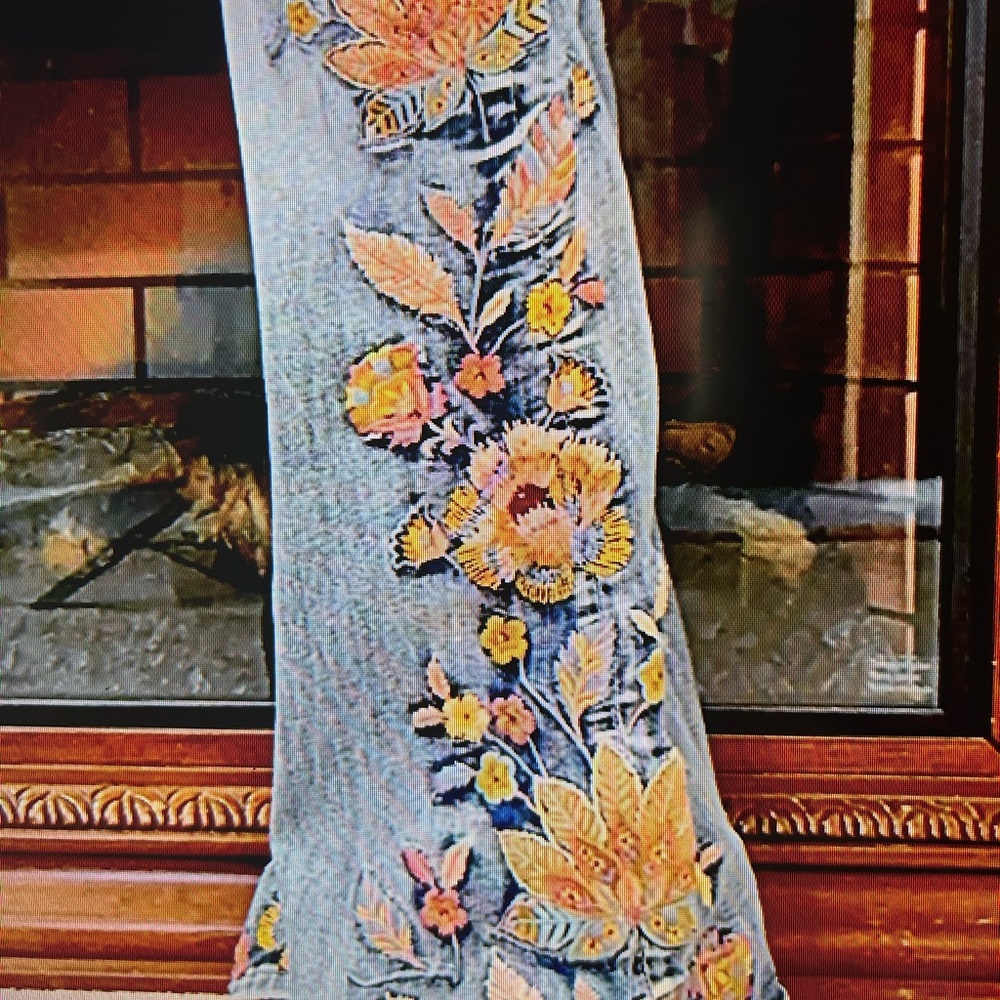 Grace in LA Orange and Yellow Flare Jeans with Floral Embroidery. 27 32